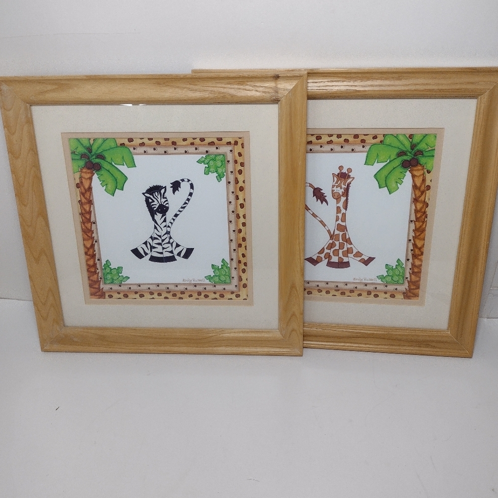 Sandy Russell Whimsical Zebra & Giraffe Framed Art Set - Green, Black, Brown. Se